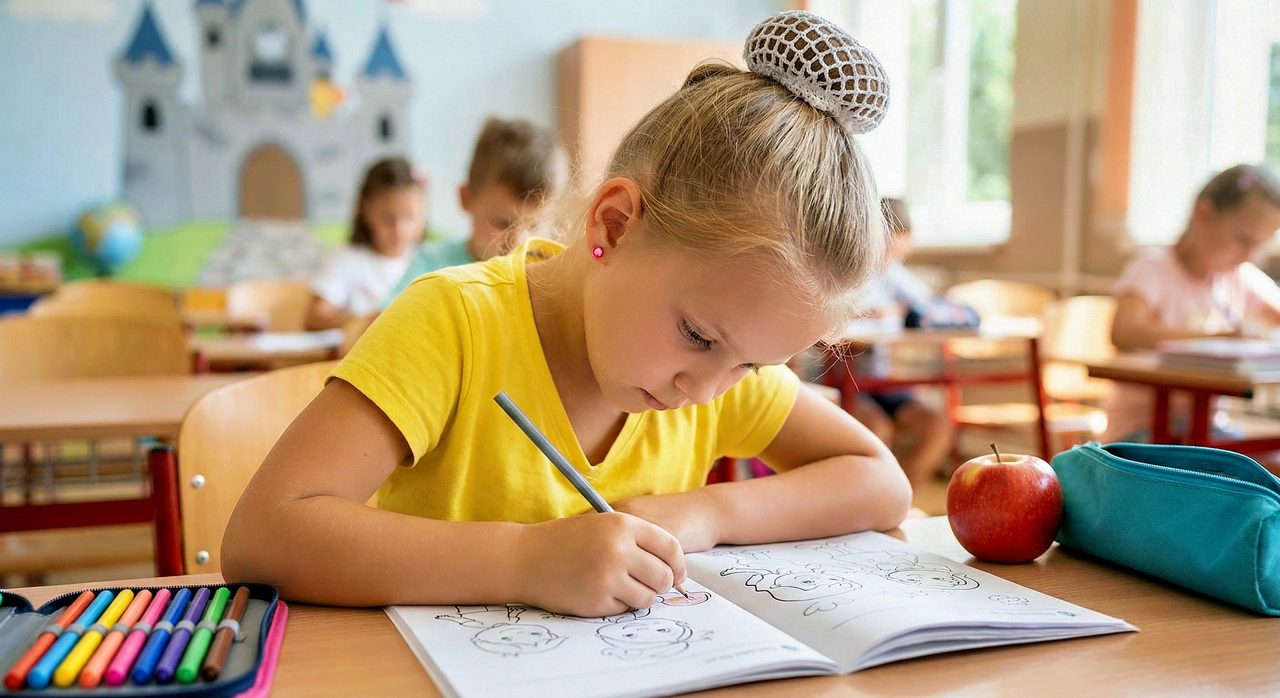 A girl working in her activity book