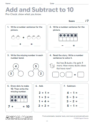 1st Grade Add and Subtract Within 10 Test