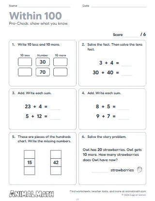 1st Grade Add and Subtract Within 100 Pre-Check