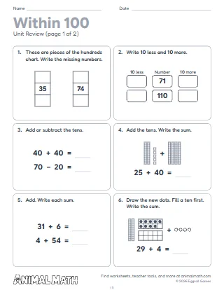 1st Grade Add and Subtract Within 100 Unit Review