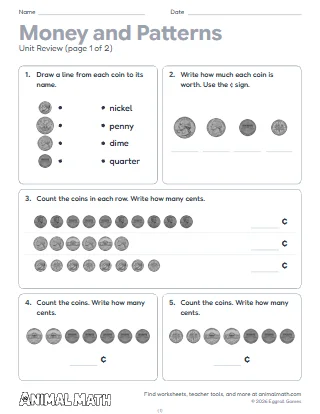 1st Grade Money and Patterns Unit Review