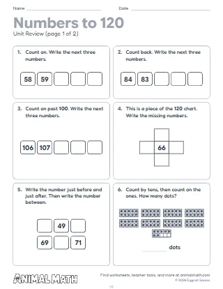 1st Grade Numbers to 120 Unit Review