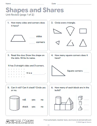 1st Grade Shapes and Equal Shares Unit Review