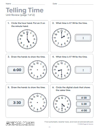1st Grade Telling Time Unit Review