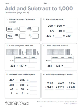 2nd Grade Add and Subtract Within 1,000 Unit Review