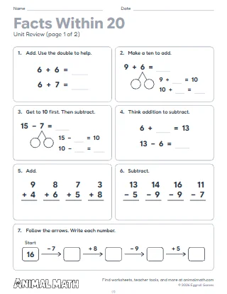 2nd Grade Facts Within 20 Unit Review