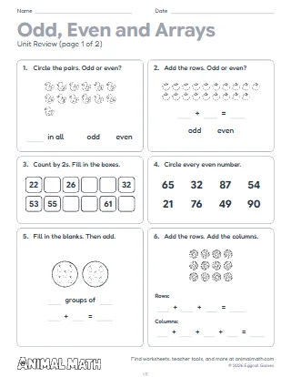 2nd Grade Odd, Even and Arrays Unit Review