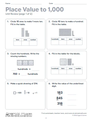 2nd Grade Place Value to 1,000 Unit Review