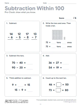 2nd Grade Subtraction Within 100 Pre-Check