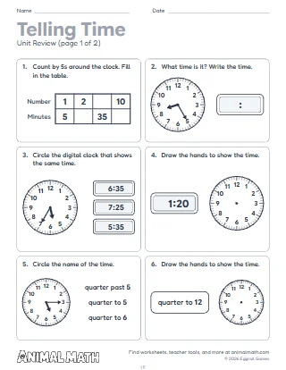 2nd Grade Telling Time Unit Review