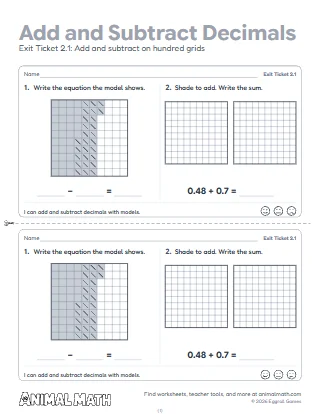 5th Grade Adding and Subtracting Decimals Exit Tickets