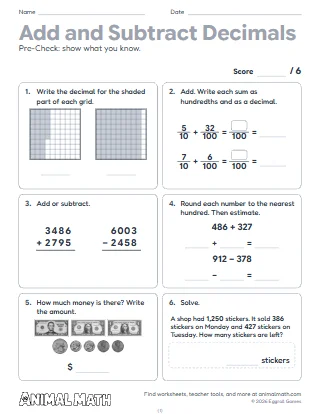 5th Grade Adding and Subtracting Decimals Pre-Check