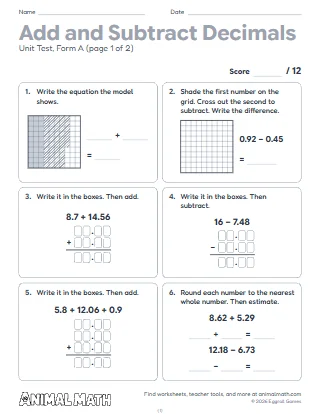 5th Grade Adding and Subtracting Decimals Test