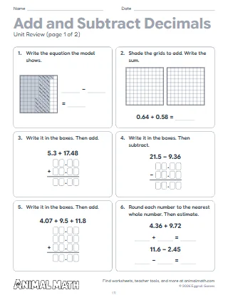5th Grade Adding and Subtracting Decimals Unit Review