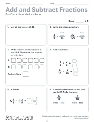 5th Grade Adding and Subtracting Fractions Pre-Check