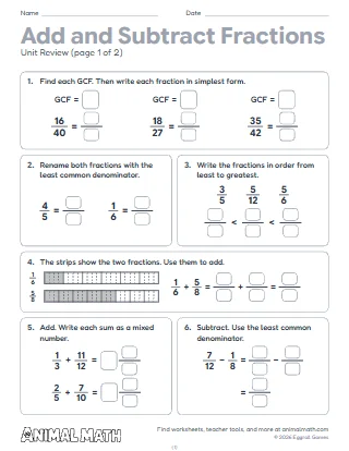 5th Grade Adding and Subtracting Fractions Unit Review