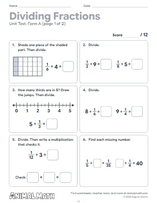 5th Grade Dividing Fractions Test