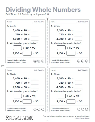 5th Grade Dividing Whole Numbers Exit Tickets