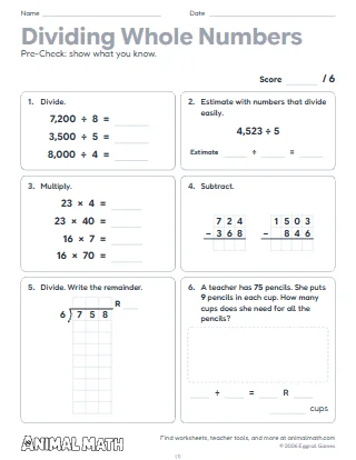 5th Grade Dividing Whole Numbers Pre-Check