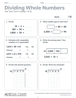 5th Grade Dividing Whole Numbers Test