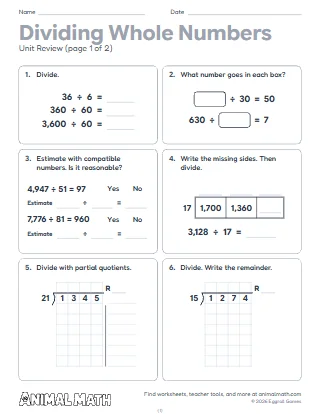 5th Grade Dividing Whole Numbers Unit Review