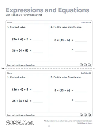 5th Grade Expressions and Equations Exit Tickets