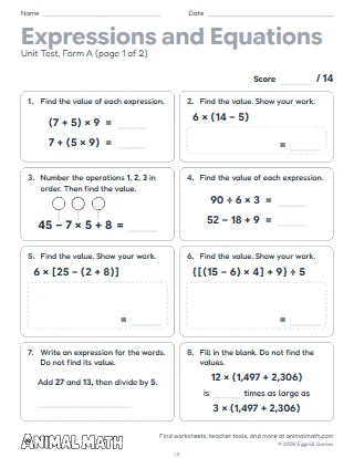 5th Grade Expressions and Equations Test