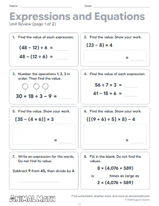 5th Grade Expressions and Equations Unit Review
