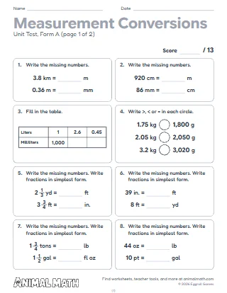 5th Grade Measurement Conversions Test
