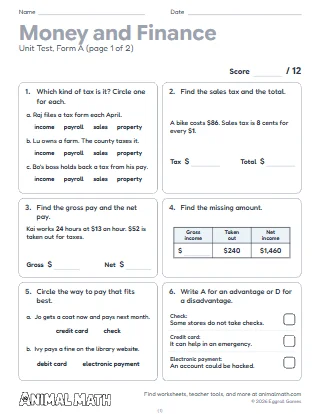 5th Grade Money and Financial Literacy Test