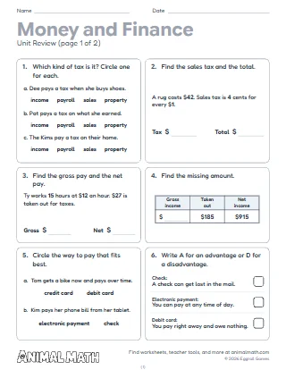5th Grade Money and Financial Literacy Unit Review
