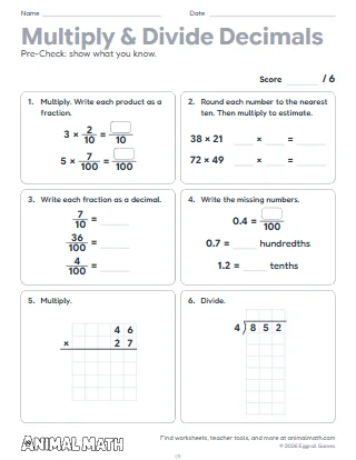 5th Grade Multiplying and Dividing Decimals Pre-Check