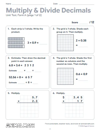 5th Grade Multiplying and Dividing Decimals Test
