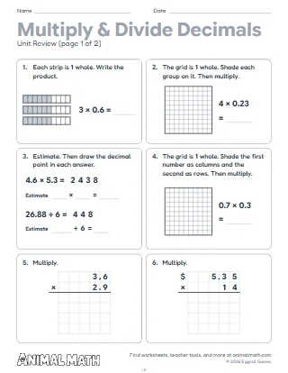5th Grade Multiplying and Dividing Decimals Unit Review