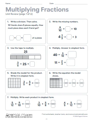 5th Grade Multiplying Fractions Unit Review