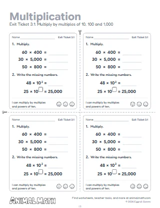 5th Grade Multiplying Whole Numbers Exit Tickets