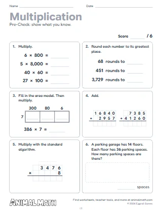 5th Grade Multiplying Whole Numbers Pre-Check