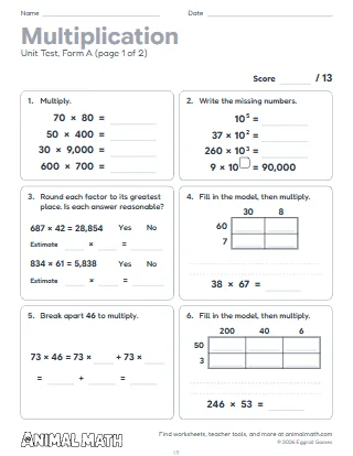 5th Grade Multiplying Whole Numbers Test