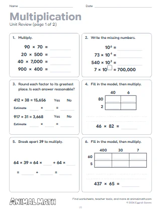 5th Grade Multiplying Whole Numbers Unit Review
