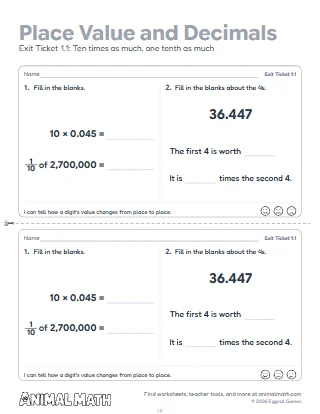 5th Grade Place Value and Decimals Exit Tickets