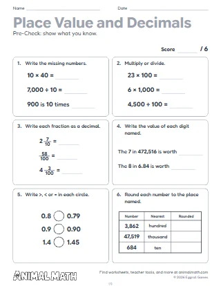 5th Grade Place Value and Decimals Pre-Check