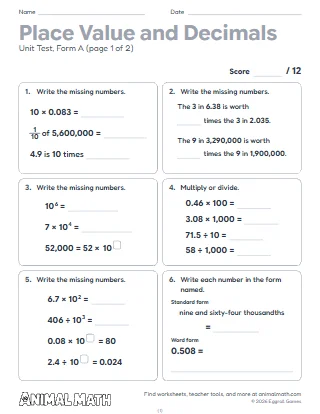 5th Grade Place Value and Decimals Test