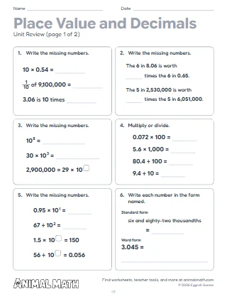 5th Grade Place Value and Decimals Unit Review