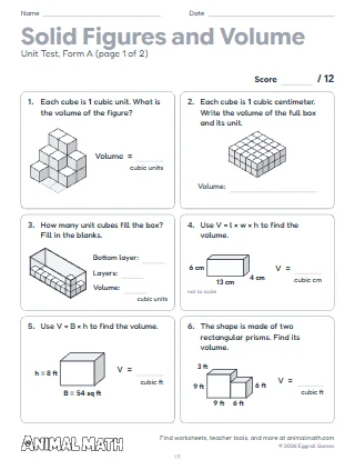 5th Grade Solid Figures and Volume Test