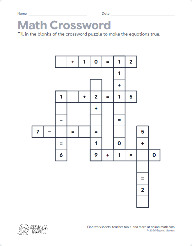 Add & Subtract Crossword to 20 preview