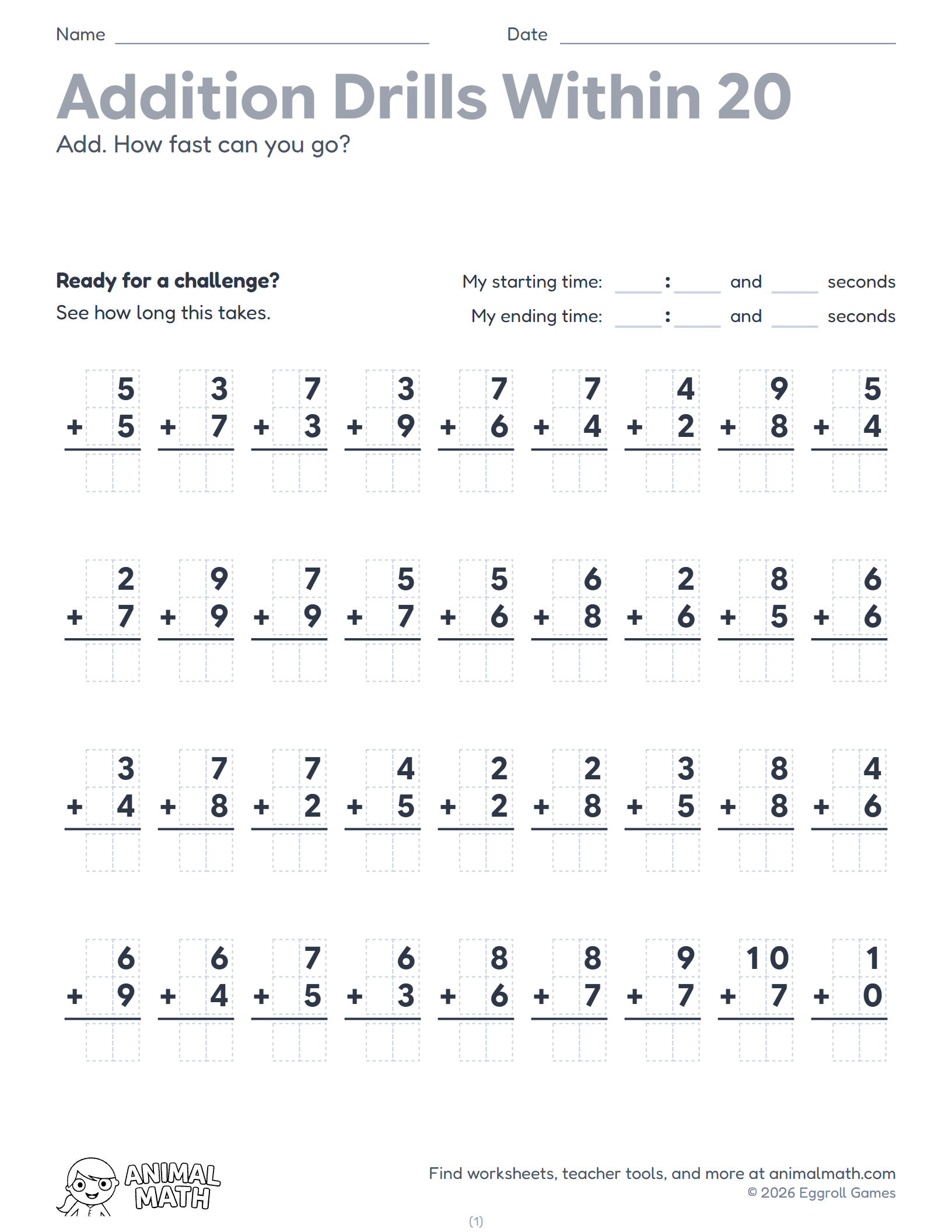 Addition Drills Within 20