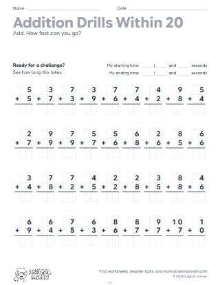 Addition Drills Within 20