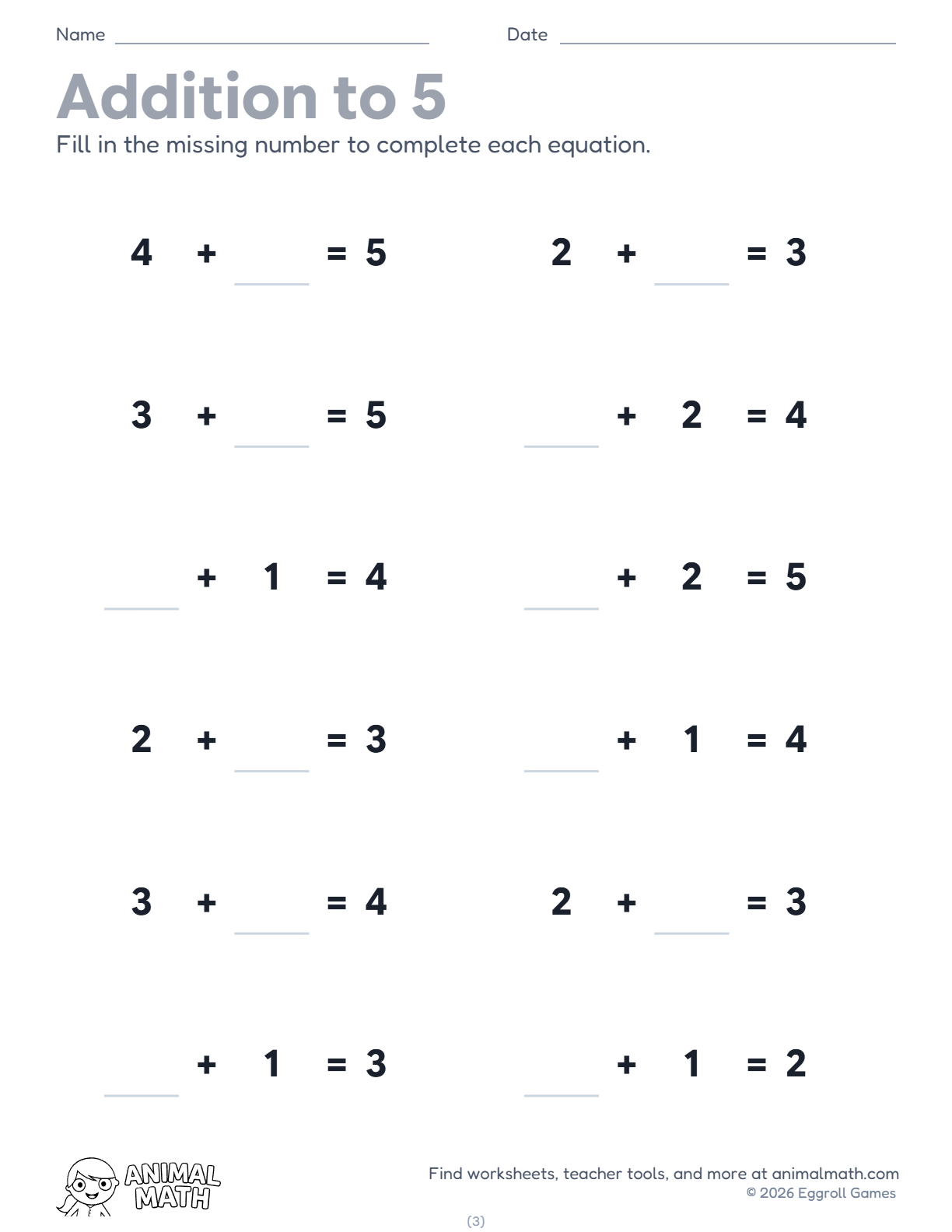 Addition Equations to 5 preview
