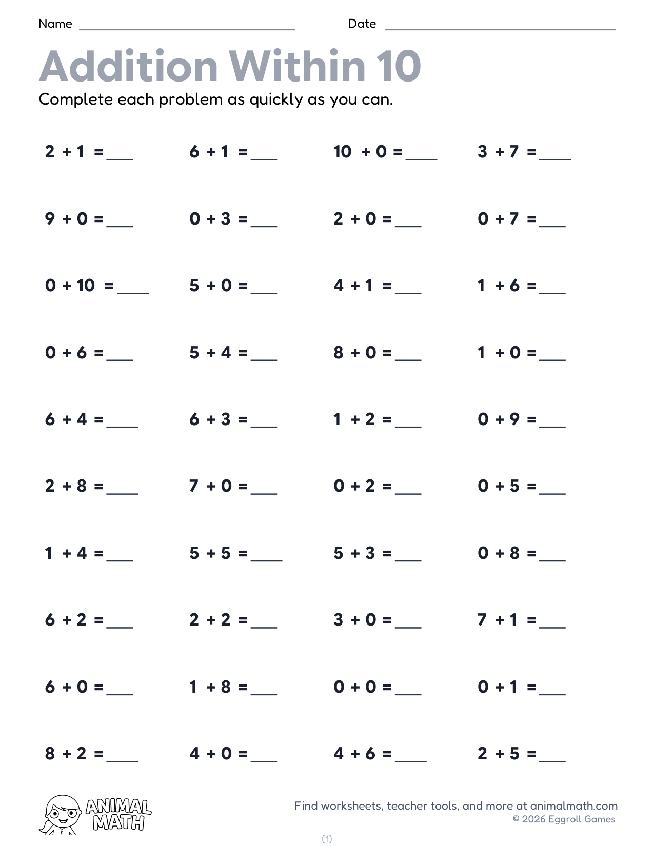 Addition Fact Drills to 10