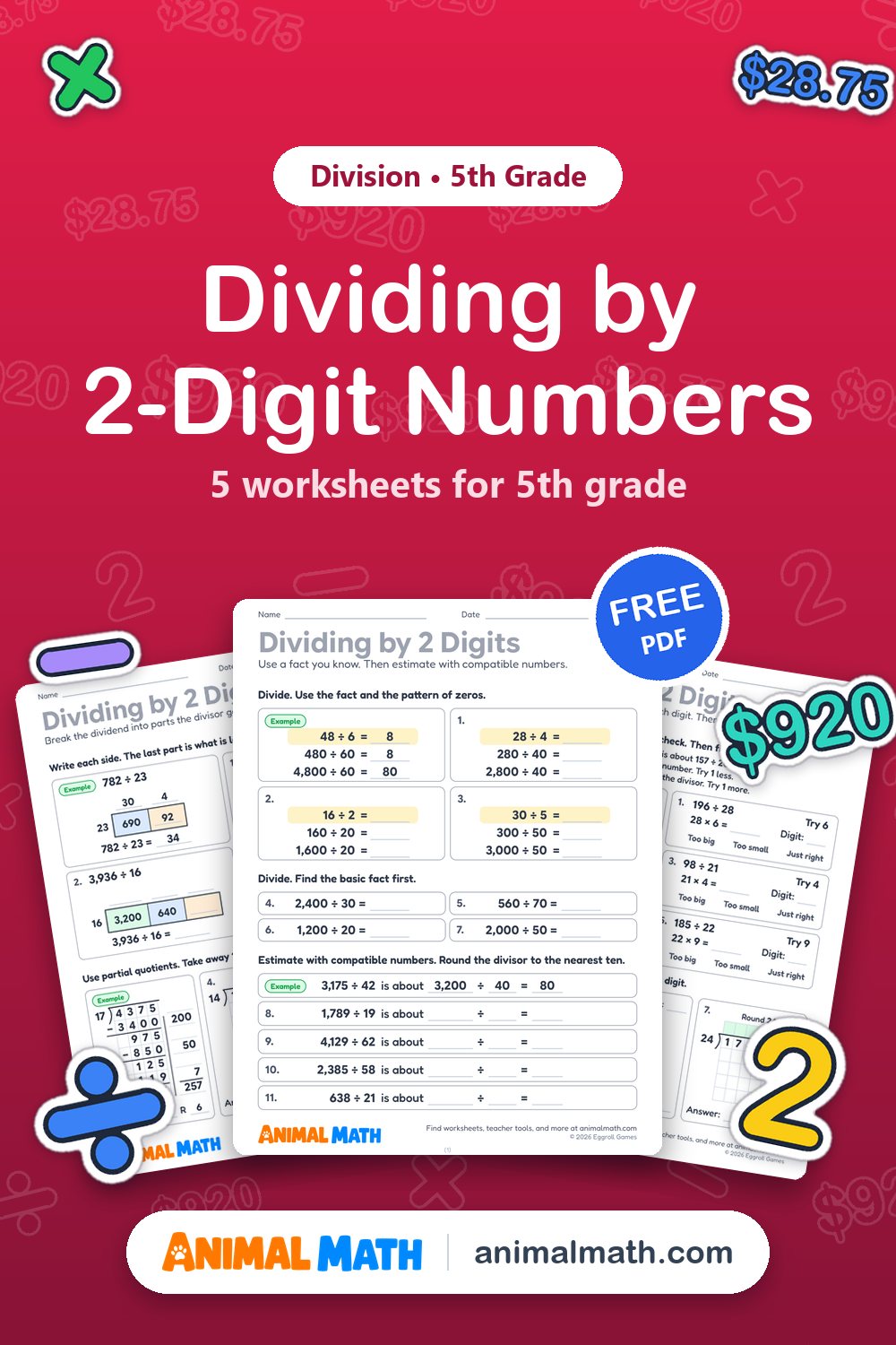 Free Dividing by 2-Digit Numbers Worksheets (5th Grade) | Animal Math